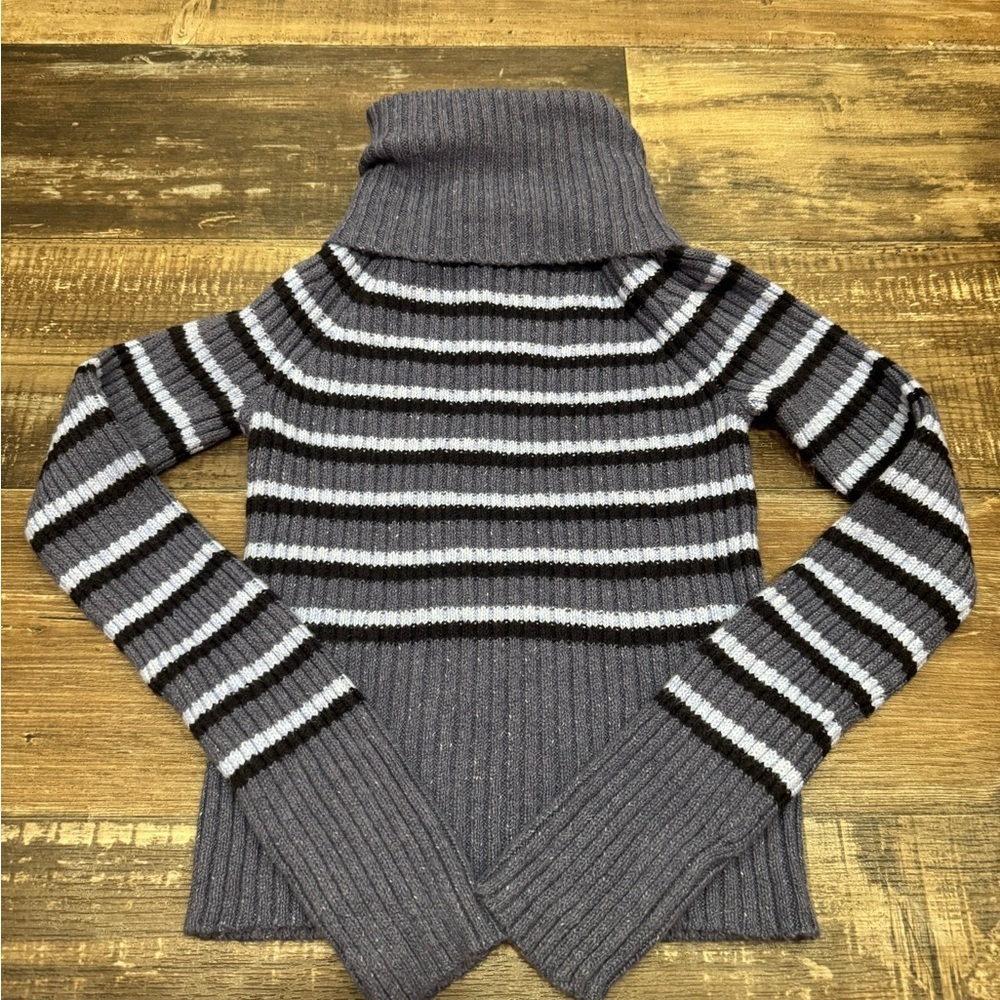 American Eagle Outfitters Ribbed Striped Turtleneck Sweater - Blue and Black